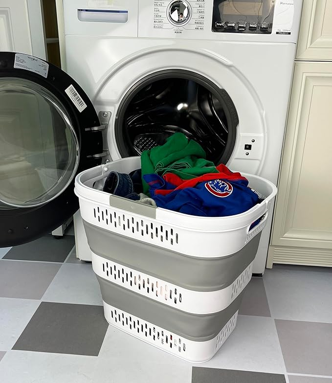 SAMMART 38L(10 Gal) Collapsible Laundry Basket - Foldable Pop-Up Storage Container/Organizer-Portable Space Saving Hamper, Measure 17.5x13.3x15.7/3.8" Expanded/Collapsed (1, White/Grey)