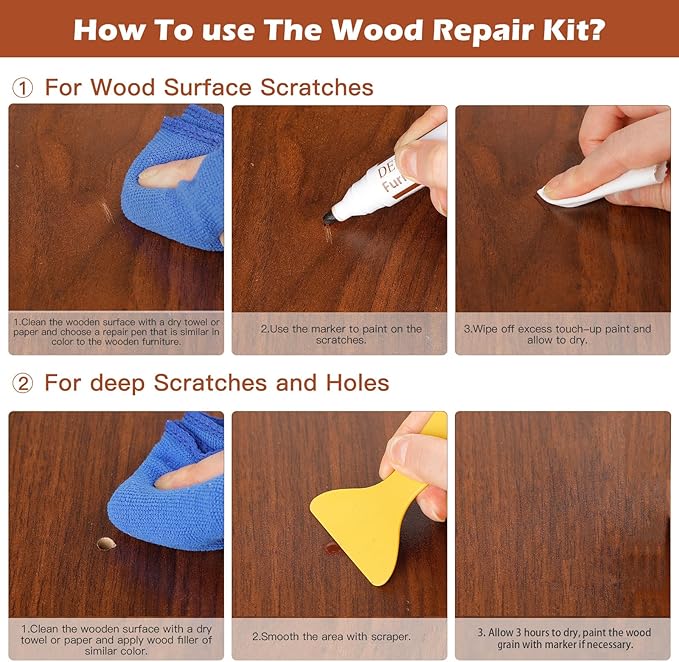 DEWEL Wood Furniture Repair Kit 40 Pcs, 12 Colors Wood Filler and Touch Up Markers, Wooden Putty and Polish Wax, Repair Scratch, Cracks, Hole, Stains for Hardwood Floor, Table, Laminate, Cabinet