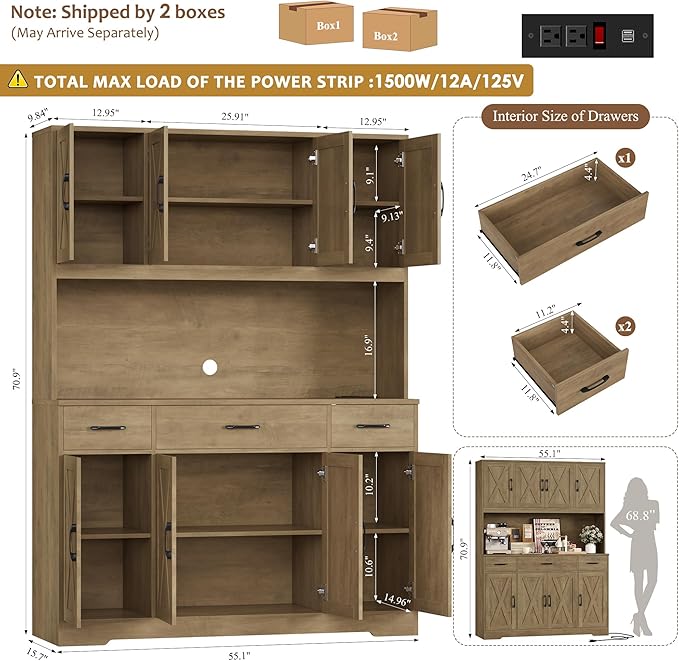 HOSTACK 71" Tall Kitchen Pantry Storage Cabinet with Charging Station, 55" Wide Kitchen Hutch Cabinet with Large Countertop, Farmhouse Food Pantry with Drawers for Living Room, Rustic Brown