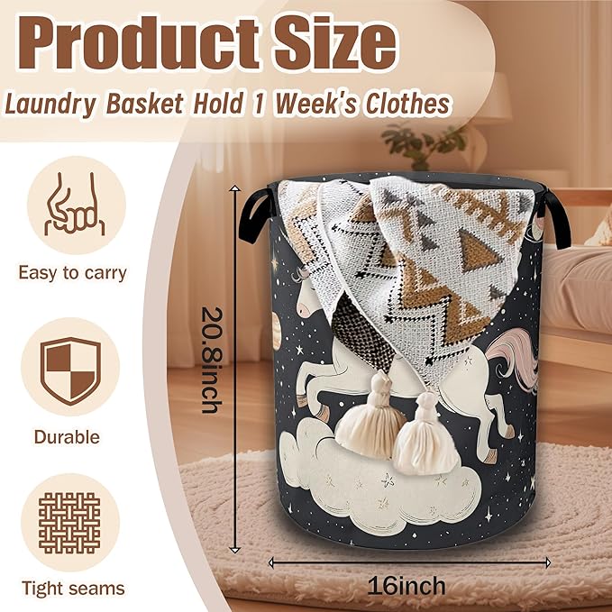 Cute Unicorn Laundry Basket,Galaxy Space Laundry Hamper Waterproof Oxford Cloth Tote Collapsible,Clothes Storage Bucket Decorative Toy Organizer For Bathroom Bedroom 16" x 20.8"