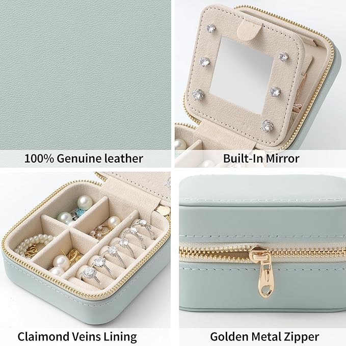 Genuine Leather Travel Jewelry Case Organizer with Mirror for Women, Small Jewelry Box Portable Mini Jewelry Case for Earring, Ring, Necklace, Bracelet（Milled Leather Brown）