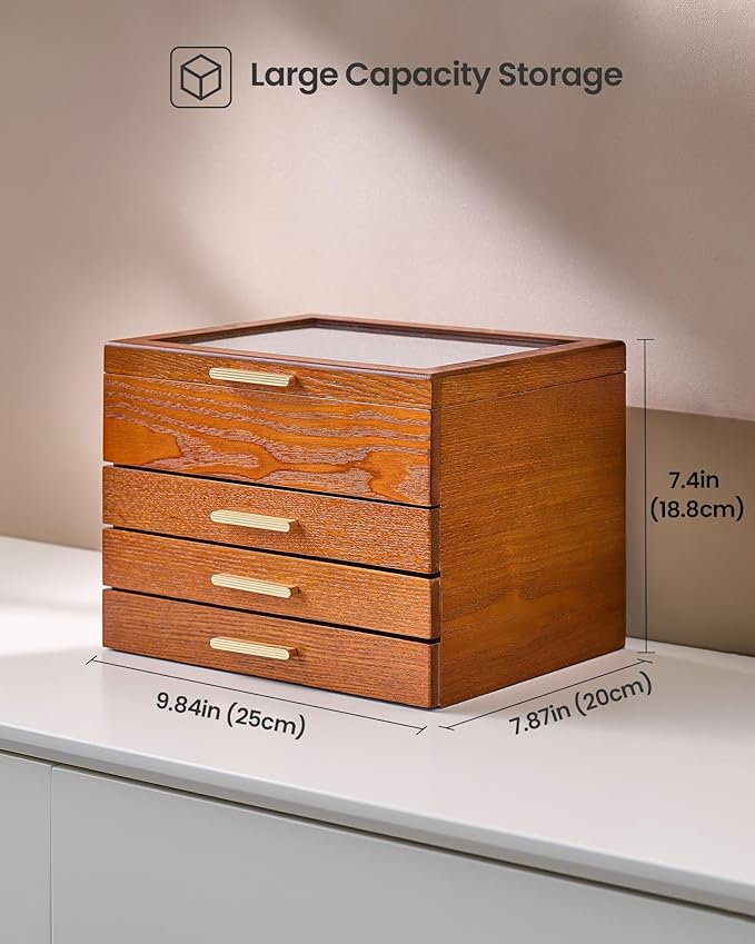 Lolalet Jewelry Box, Clear Window Wood Grain Jewelry Storage for Earrings Bracelets Necklaces Rings, High Capacity Organizer for Women -Cherrywood, 4 Layers
