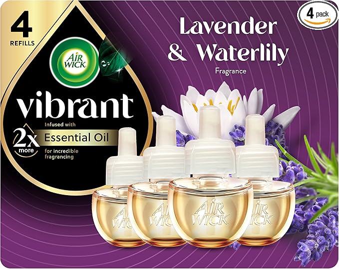 Air Wick Vibrant Plug In Scented Oil Refill, Infused with Essential Oils, Plug In Air Fresheners for Home, Lavender & Waterlily, 4 ct
