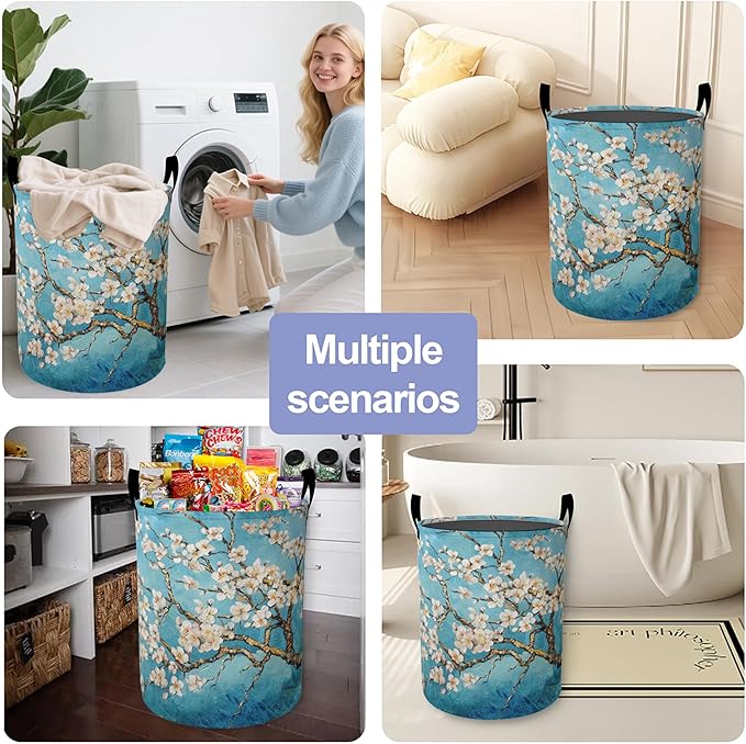 Laundry Basket,Vintage Apricot Tree Flowers Large Canvas Fabric Lightweight Storage Hamper Organizer Dirty Clothes Collapsible Waterproof for College Dorms,Bathroom