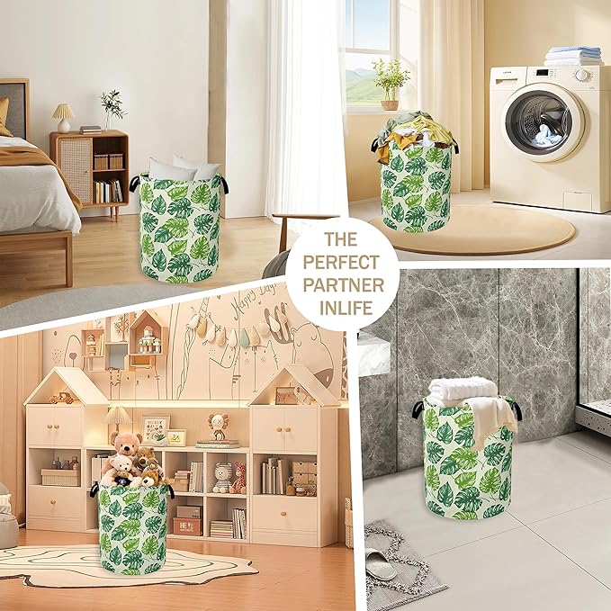 Collapsible Laundry Basket,Tropical Palm Leaves Dirty Clothes Hamper,Green Leaf Hampers for Bedroom Waterproof Oxford Cloth Storage Organizer for Bathroom,Nursery,Dorm,16x20 Inch