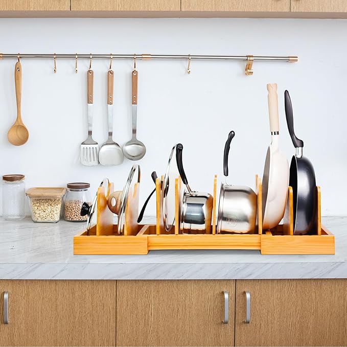 MinBoo Bamboo Expandable Pot Lid Organizer Pot Lid Holder, Pot and Pan Organizer Drawer Organizer for Pot Lids, Adjustable Dividers for Kitchen Cabinet Organizers and Storage,Large