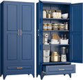 75" Kitchen Pantry Cabinet with Drawer, Tall Storage Cabinet with Doors and 4 Shelves, Metal Storage Cabinets for Kitchens, Living Room, Dinning Room, Assembly Required, Blue