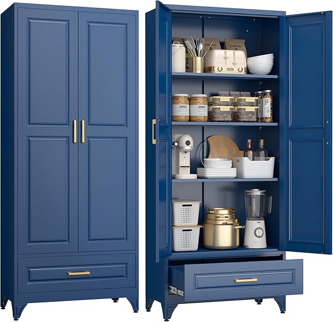 75" Kitchen Pantry Cabinet with Drawer, Tall Storage Cabinet with Doors and 4 Shelves, Metal Storage Cabinets for Kitchens, Living Room, Dinning Room, Assembly Required, Blue