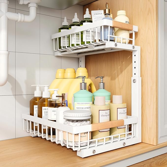 PXRACK(Small Version)1 Pack Under Sink Organizer,Adjustable Height,2 Tier Pull Out Under Cabinet Organizer,Slide Out Thickened Metal Storage Shelf for Kitchen Bathroom Laundry Pantry Cabinet,White