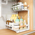 PXRACK(Small Version)1 Pack Under Sink Organizer,Adjustable Height,2 Tier Pull Out Under Cabinet Organizer,Slide Out Thickened Metal Storage Shelf for Kitchen Bathroom Laundry Pantry Cabinet,White