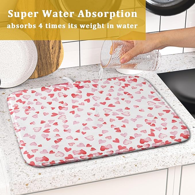 Valentine’s Day Dish Drying Mat for Kitchen Counter 18x16 Inch Watercolor Love Drying Mat with Absorbent Reversible Microfiber Pink Dish Drainer Mats Rack Pad for Coffee Countertop Protector