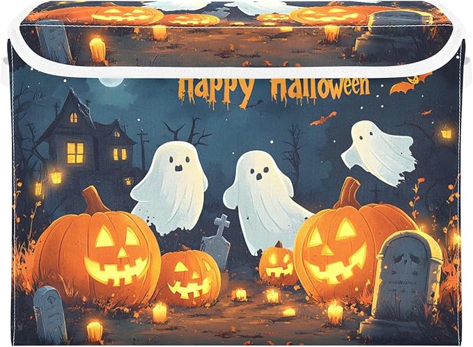 Bolaz Storage Bins with Lids and Handles,Halloween Background with Pumpkins Ghosts and Cemetary Storage Box Storage Basket with Cover Collapsible Organizer Containers for Home Closet, Shelves