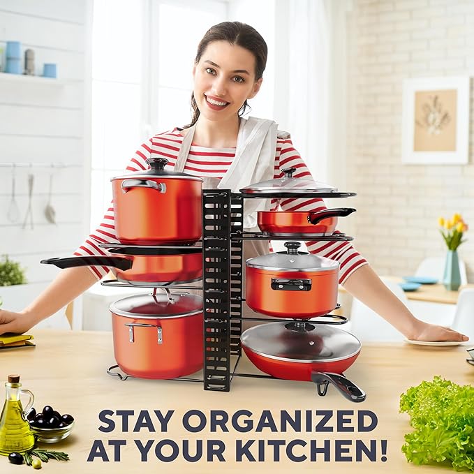 Pots and Pans Organizer Under Cabinet - 8-Tier Adjustable Pan Organizer Rack for Cabinet - Heavy-Duty Pot & Pan Organizer - Perfect to Store Pots, Pans, Lids - Easy Kitchen Organization and Storage