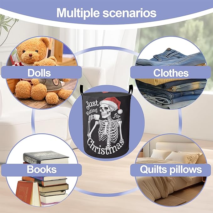 Christmas Laundry Basket-Funny Skeleton Large Foldable Hamper Holder Portable Tall Collapsible Laundry Hamper Storage Basket Bin with Handles, Canvas & Waterproof lining for Household Items