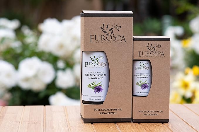 EuroSpa Aromatics Pure Eucalyptus Oil ShowerMist and Steam Room Spray, All-Natural Premium Aromatherapy Essential Oils - Lavender Infused, 8oz
