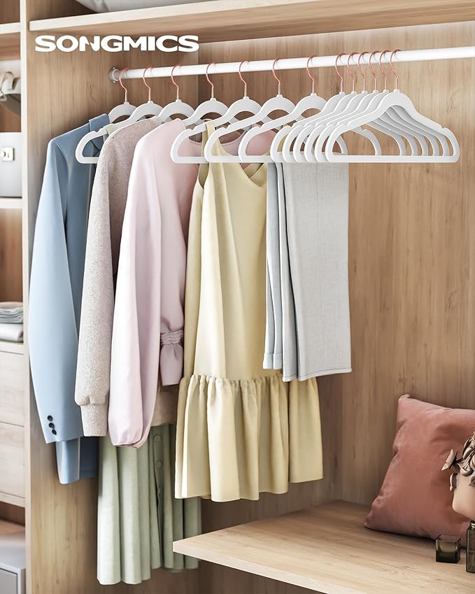SONGMICS Slim Velvet Hangers, Non-Slip Clothes Hangers with Rose Gold Swivel Hooks, Space-Saving, for Closet, 100 Pack, White UCRF026W100
