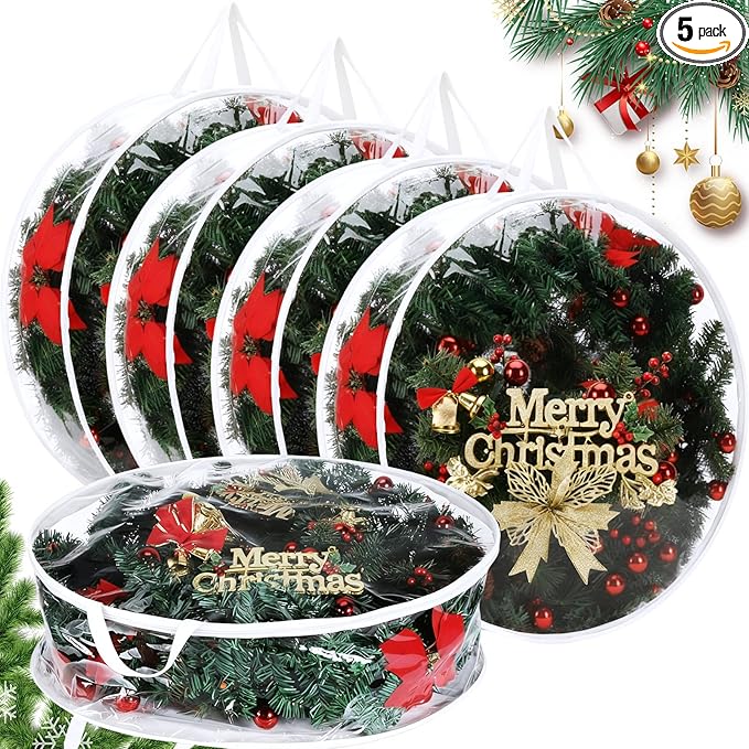 Zhengmy 5 Pcs 30 Inch Christmas Wreath Storage Bags Transparent Wreath Storage Container Bulk Wreaths Box with Dual Zippers and Handles for Xmas Holiday Wreaths Garland