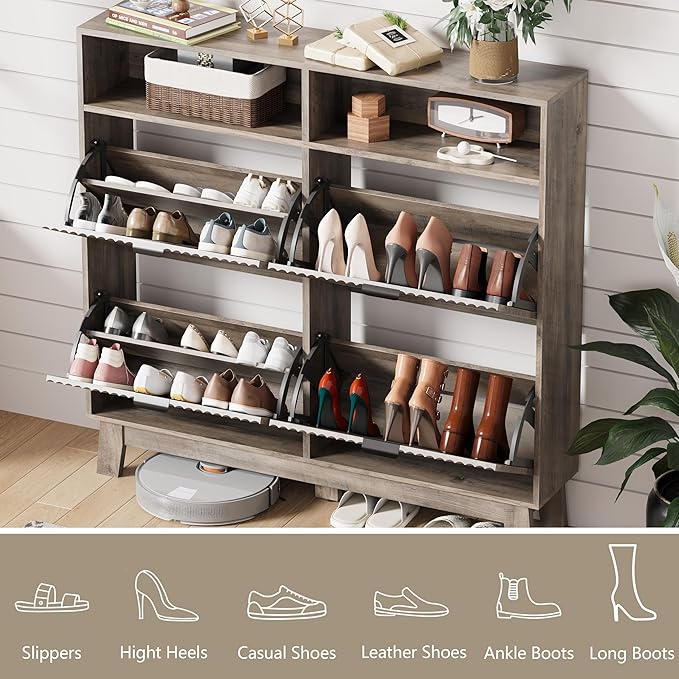 Shoe Cabinet Storage for Entryway with 4 Flip Drawers, Fluted Narrow Shoe Organizer with Wooden Legs & Top Cubby, Freestanding Slim Shoe Storage Hidden Shoe Rack for Front Door Entrance, Grey