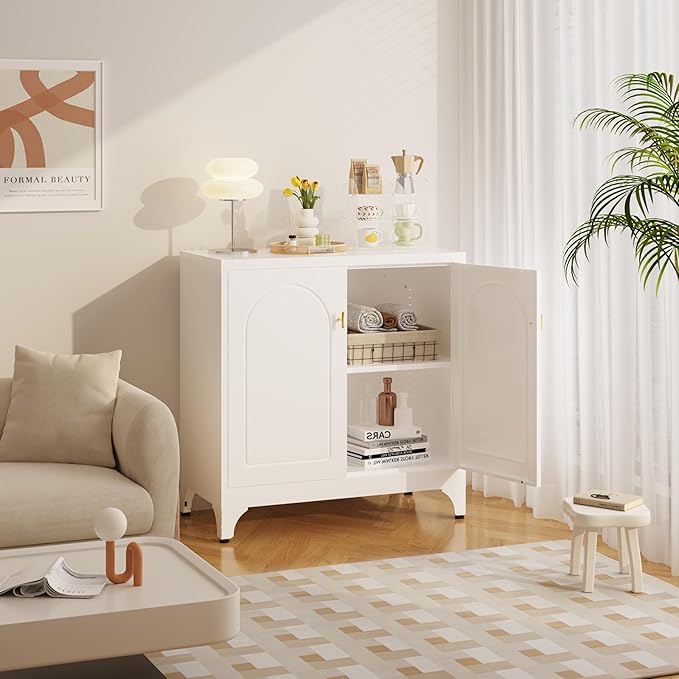 Metal Storage Cabinet with 2 Doors, 48" H White Sideboard Cabinet, Small Kitchen Pantry with Adjustable Shelf, Coffee Bar Cabinets, Storage Cabinets for Kitchen, Pantry, Living Room, Office