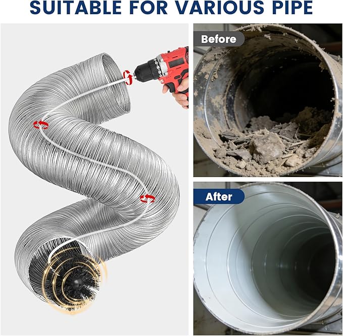 HOKLNUSE Dryer Vent Cleaner Kit Ducts Cleaning Kit for Dryer Air Duct HVAC Vent Fireplace Chimney Pellet Stove Gutter Downspout Dryer Vent Lint Removers with 1.5" 4" 6" Brush Heads (20 Feet)