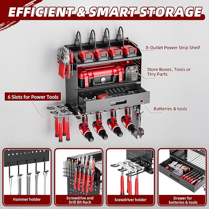SEENWUUN Power Tool Organizer Wall Mount with Charging Station, 4 Layers Storage Rack with 6 Drill Holders & Battery Storage, Cordless Tool Organizer with Drawers for Garage, Workshop & Tool Room