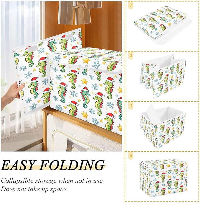Christmas Seahorse with Santa Hat Storage Bins with Lids Foldable Storage Basket with Handles Collapsible Large Fabric Organizer Containers for Clothes Shelves Closet Office Home