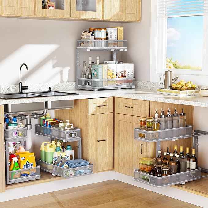 Under Sink Organizer, High Adjustable 2 Tier Under Sink Organizers and Storage, Slide Out Metal Cabinet Organizers, Pull Out Sink Storage Drawer Shelf for Kitchen Bathroom Cabinet, Grey, 2 Pack
