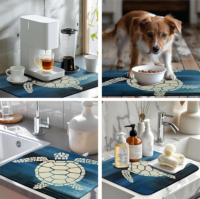 Wnoesat Sea Turtle Dish Drying Mats for Kitchen Counter 18x24 Inch Summer Ocean Animal Microfiber Absorbent Dish Drainer Rack Mats Navy Blue Large Dish Pad with Hanging Loop