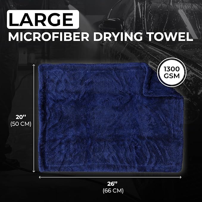 WEST BROS Large Car Drying Towel, 1300 GSM Professional Car Towel with Double Twisted Loop,Super Absorbent Large Microfiber Drying Towels for Cars, Trucks, SUVs - 20"x26", Navy