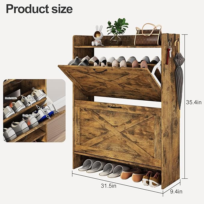 Shoe Cabinet with 2 Flip Drawers & Adjustable Shelf,Wood Shoe Organizer,Freestanding Hidden Shoe Storage Cabinet for Entryway,Hallway (Brown)