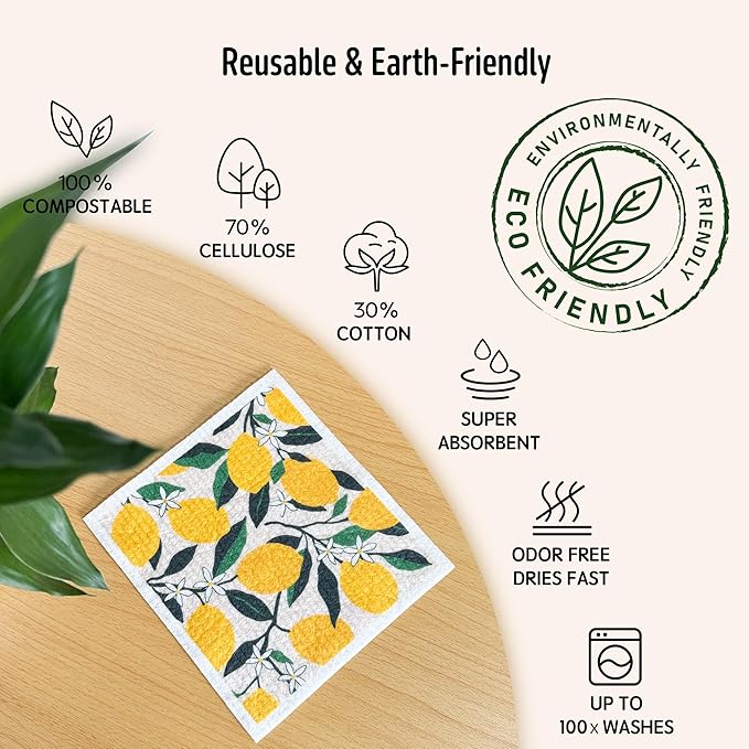 Augine Swedish Dishcloths for Kitchen, Swedish Dish Cloths 5 Pack, Super Absorbent Reusable Paper Towels Washable, Biodegradable, Quick Drying, Dishwasher Safe