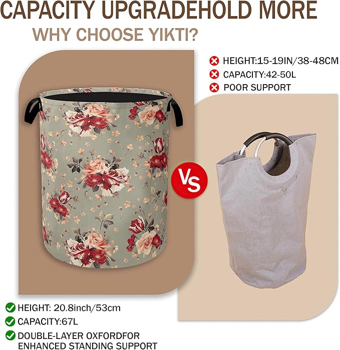 Red Rose Flowers Laundry Hamper,Vintage Floral Clothes Hamper for Laundry,Waterproof Oxford Toy Storage Collapsible Hampers for Bedroom, Dorm Room,Bathroom,16x20 Inch
