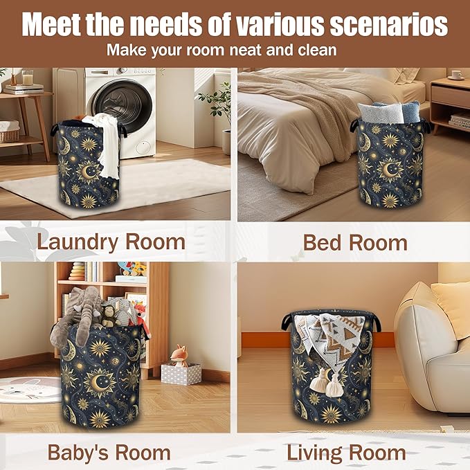 Celestial Golden Sun Moon Laundry Hamper,Laundry Baskets,Waterproof Oxford Cloth Toy Storage for Bedroom,Bathroom,Nursery,16x20.8 Inch