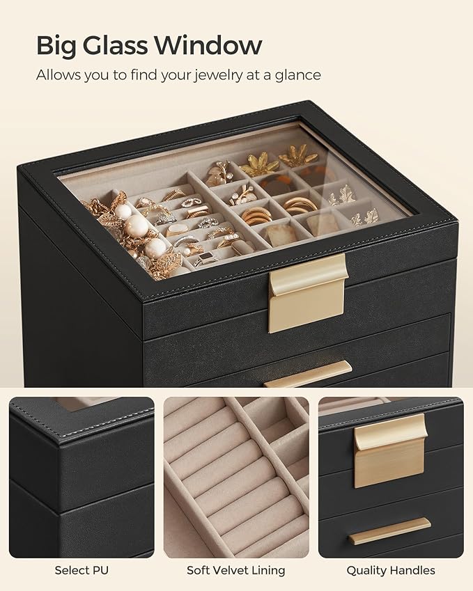 SONGMICS Jewelry Box Organizer with Glass Lid, 6-Layer Jewelry Storage, with 5 Drawers, Modern Style, 8 x 9.1 x 9 Inches, Graphite Black and Gold Color UJBC176B01