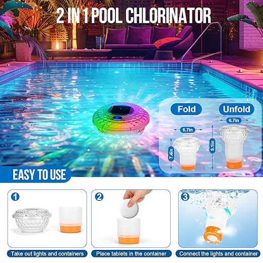 Solar Pool Chlorine Floater with Lights and Pool Water pH Testing Kit, Pool Lights Floater with Hot Tub pH Tester, Adjustable Chlorine Dispenser with Digital Thermometer for Swimming Pool Spas