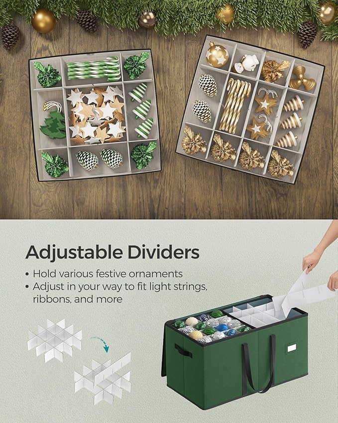 SONGMICS Christmas Ornament Storage Box, Dual Zippers, Stackable Christmas Storage Container with Lid, 8 Trays, 600D Oxford, 3-Inch 128 Slots, Forest Green URFB035C01