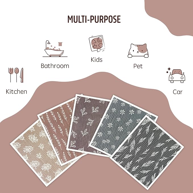 Augine Swedish Dishcloths for Kitchen, 5 Pack Reusable Paper Towels Washable, Super Absorbent Swedish Dish Cloths, Non-Scratch, Biodegradable