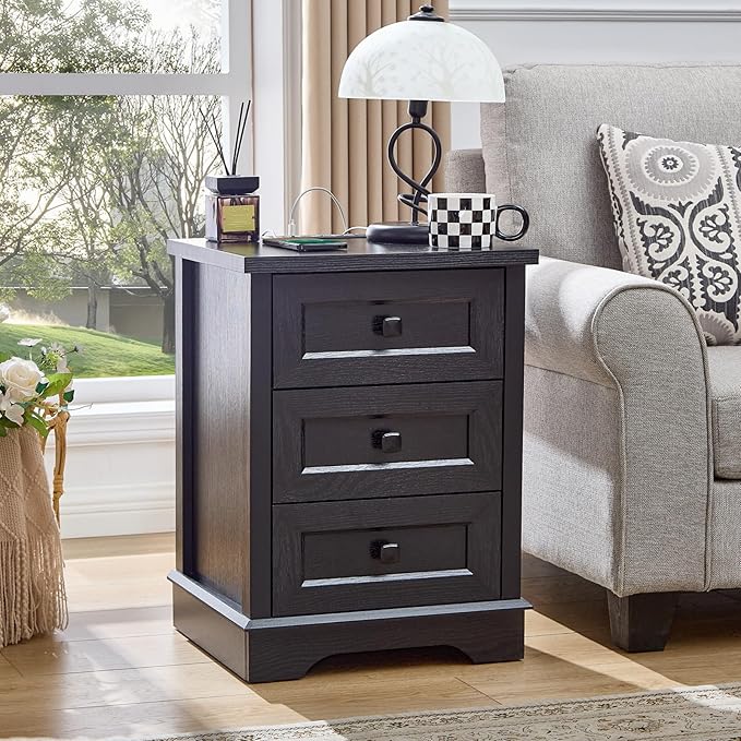 LIDYUK 3 Drawer Black Dresser for Bedroom Farmhouse Dresser Chest of Drawers, 25" Tall Nightstand with Charging Station Chest of Drawers for Bedroom, Living Room