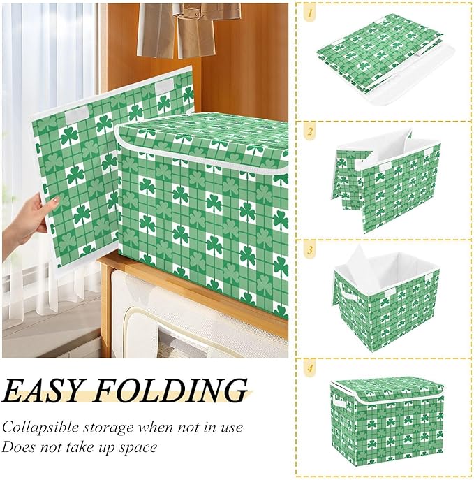 St. Patrick's Day Baskets Collapsible Storage Bins with Lids, St. Patrick's Day Green Shamrocks with Plaid Storage Boxes Clothes Baskets for Organizing