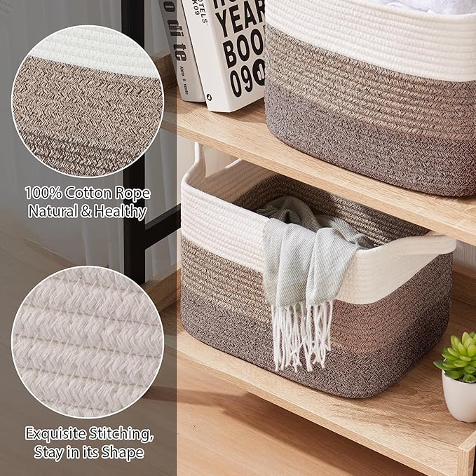 Storage Baskets for Organizing, Woven Baskets for Shelves, Rectangle Decorative Organizer for Storage Clothes, Toy, Books, Towels Nursery Bins 3 Pack (Gradient Dark Brown, 13"x9.85"x8.7")