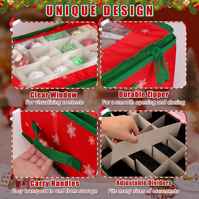 Hysagtek Ornament Storage Box, Underbed Christmas Ornament Storage Container with Dividers, 2 Removable Trays for 48-3” Ornaments, Christmas Storage Containers with Handles for Holiday Decorations