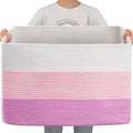 OIAHOMY 108L Super Large Blanket Basket, 25”x16”x16” Rectangle Woven Baskets for Storage, Cotton Rope Basket For Living Room, Toy Storage with Handle - Gradient Pink