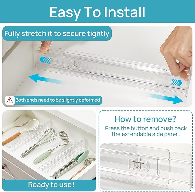 Vtopmart 4 Pack Shallow Drawer Dividers, 2.36" High 12.5"-20.8" Adjustable Expandable Kitchen Drawer Organizer, Clear Plastic Organizer Separators for Flatware, Utensil, Cutlery, Underwear, Clothes