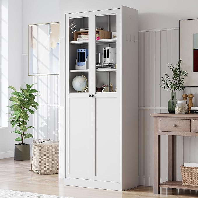Kitchen Pantry Cabinet, 72" H Storage Cabinet with Glass Doors and Adjustable Shelves, Metal Bathroom Cabinets, Utility Cabinets for Kitchen, Living Room Assembly Required, White