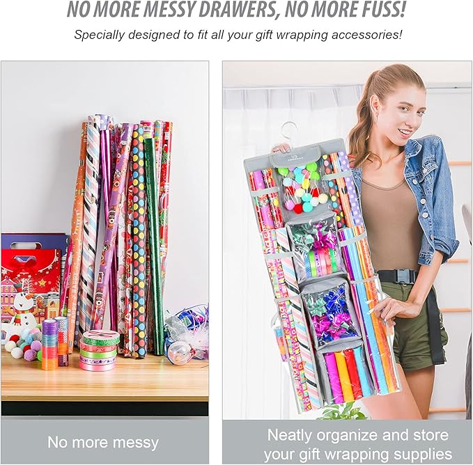 Freegrace Double Sided Hanging Gift Wrap Organizer | Large 16" x 41" Wrapping Paper Rolls Storage Bag | Tearproof & Space Saving Closet Gift Bag Organization Solution (Gray)