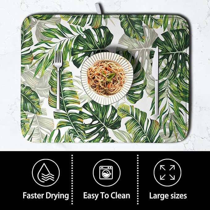 Kwlegh Tropical Palm Leaves Dish Drying Mat for Dishes 16x18 Inch Spring Green Monstera Leaf Drying Mat Watercolor Herbs Dish Drainer Mat Super Absorbent Dish Rack Pad for Coffee Bar Sinks