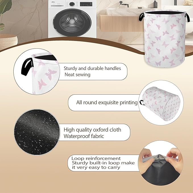 Collapsible Laundry Basket,Pink Butterfly Dirty Clothes Hamper,Girls Hampers for Bedroom Waterproof Oxford Cloth Storage Organizer for Bathroom,Nursery,Dorm,16x20 Inch