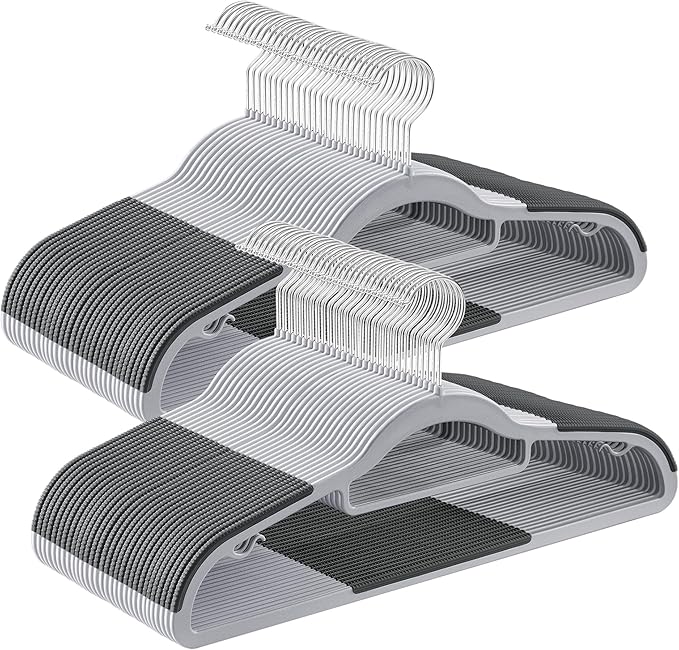 SONGMICS Pack of 60 Coat Hangers, Space-Saving Plastic Clothes Hangers, Non-Slip, 0.2 Inches Slim, 16.5 Inches Wide, 360° Swivel Silver Hook, Light and Dark Gray UCRP0020G01