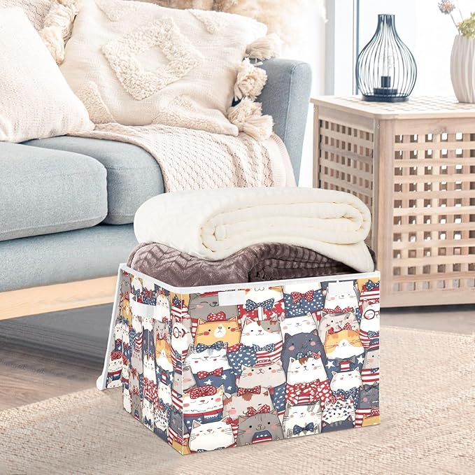 Bolaz Storage Bins with Lids and Handles,National Flag Cat Pattern Storage Box Basket with Cover Collapsible Organizer Containers for Home Closet, Shelves