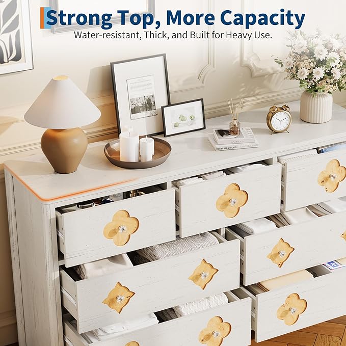 Garvee Dresser for Bedroom with 7 Decorative Front Drawers, 54'' Wide Chest of Drawers with Large Clothes Storage Cabinet, Wood Bedroom Dresser, TV Stand for Nursery, Living Room, Hallway, White